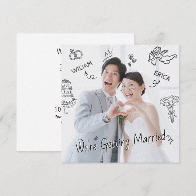 Bröllop-fotoklippsklipparteckning hand plockade sk inbjudningar (Fram/baksida)