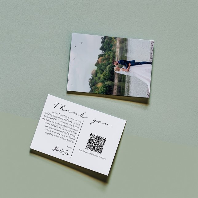 Bröllop fotominnen i lycklig QR-Tack Tack Kort (Beautiful wedding thank you card! Full cover photo on the back and a heartfelt message and QR code)