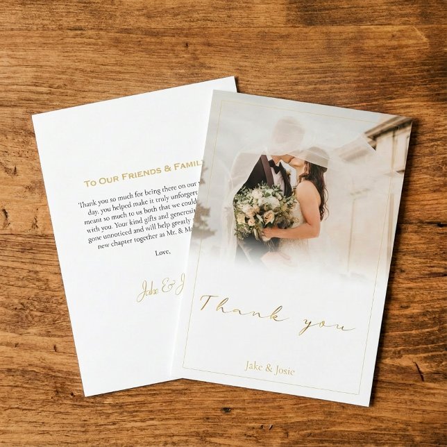 Bröllop fotovit övertoning, guld-skript bröllop tack kort (Wedding photo white gradient, gold script wedding thank you card.)