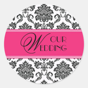 Bröllop Fuchsia Orange Damask Sticker Runt Klistermärke