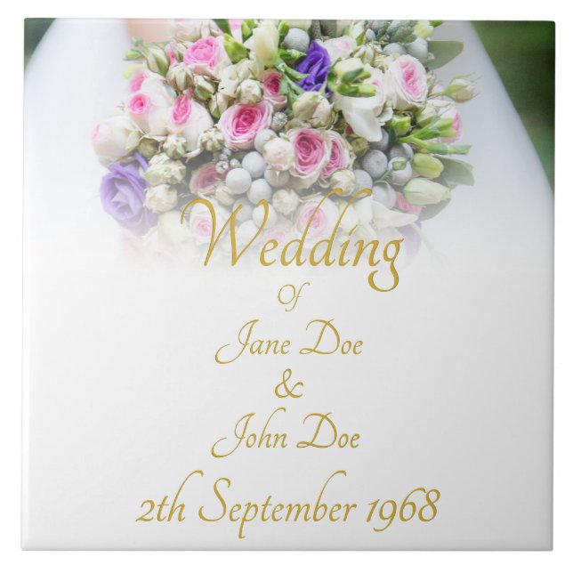 Bröllop-gåva - Bride med färgad bröllop bouquet Kakelplatta (Framsidan)