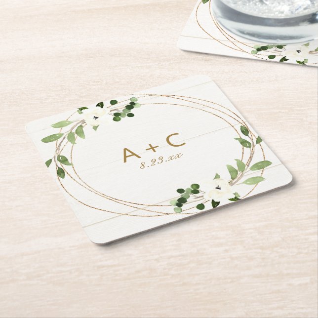 Bröllop Geometric Watercolor Blommigt Rustic Wood Underlägg Papper Kvadrat (Vinklad)