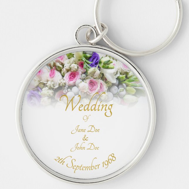 Bröllop Gift - Bride med färgad bröllop bouquet Rund Silverfärgad Nyckelring (Framsidan)