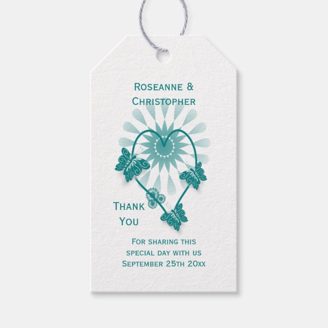 Bröllop Gift Märkre Teal Butterflies Heart Presentetikett (Framsidan)