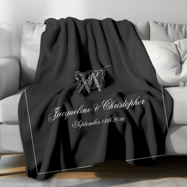 Bröllop Gift Newlyged Couple Keepsaki Monogram Fleecefilt (Elegant gray monogram with white font names and gray border against black background fleece blanket.)