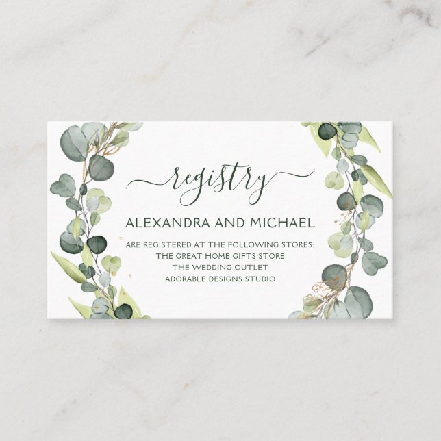 Bröllop Gift Registry Eucalyptus Greenery Visitkort (Framsida)