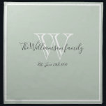 Bröllop Gift Simple Monogram Script Rustic Chic Tygservett<br><div class="desc">Bröllop Gift Simple Monogram Script Rustic Chic Trasa Napkin. Personligens vita monogramformgivning, grått-stavning för kol och den nylotade bruden och gruppens efternamn och datum som fastställts på en grönt för mjuk blek. En unik keepsaksgåva för nyfödda. Snyggt för deras nya liv tillsammans. Perfekt för en vacker hemmauppvärmningspregift. Klicka på Anpassa...</div>