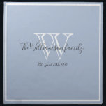 Bröllop Gift Snyggt Monogram Script Rustic Chic Tygservett<br><div class="desc">Bröllop Gift Snyggt Monogram och Personlig Namn Script Rustic Chic Trasa Napkin. Personlig, vit, grått monogram design med nylyst brud och rummens efternamn och datum fastställt på en mjuk blek, dammig blå bakgrund. En unik gåva till nygifta. Snyggt för deras nya liv tillsammans. Det är också en vacker present till...</div>