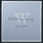 Bröllop Gift Snyggt Monogram Script Rustic Chic Tygservett<br><div class="desc">Bröllop Gift Snyggt Monogram och Personlig Namn Script Rustic Chic Trasa Napkin. Personlig, vit, grått monogram design med nylyst brud och rummens efternamn och datum fastställt på en mjuk blek, dammig blå bakgrund. En unik gåva till nygifta. Snyggt för deras nya liv tillsammans. Det är också en vacker present till...</div>