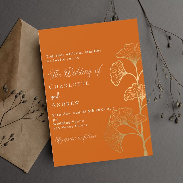 Bröllop ginkgo blad bränt orange guld inbjudningar (Skapare uppladdad)