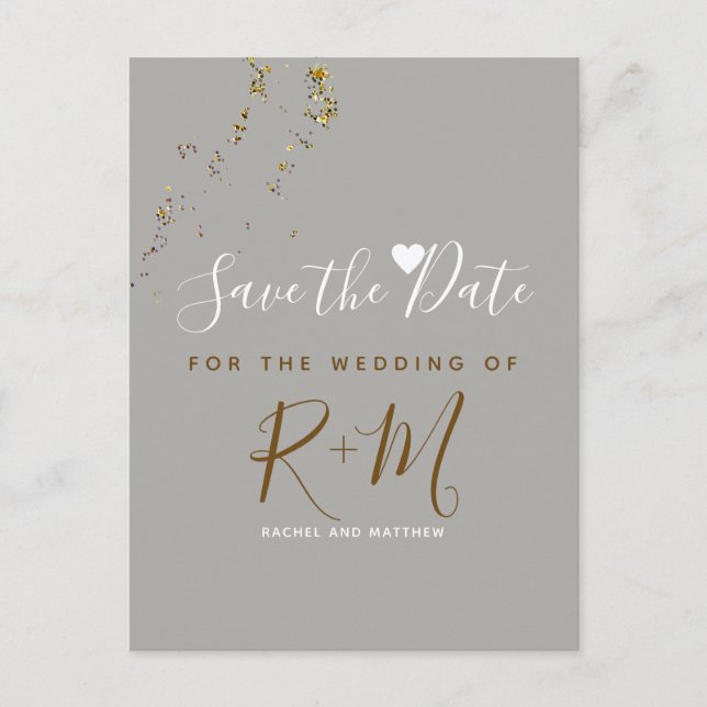 bröllop glitter + initialer spara datumet meddelande vykort (Framsida)