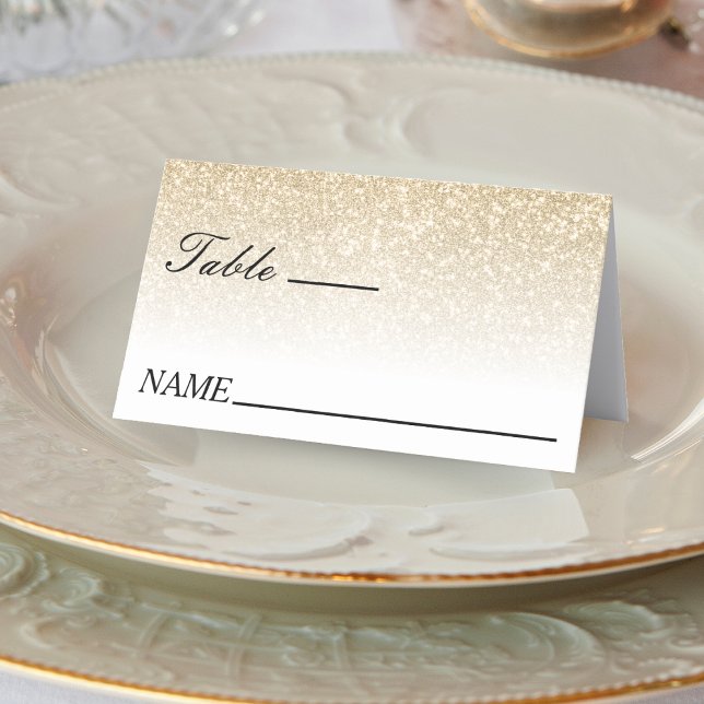 Bröllop, Glitter och Guld Placeringskort (White & Gold Glitter Ombre Wedding Place Card)