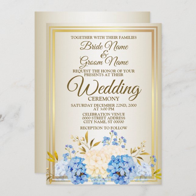 Bröllop Golden Blue Gult Blommigt Ram Rustic Inbjudningar (Fram/baksida)