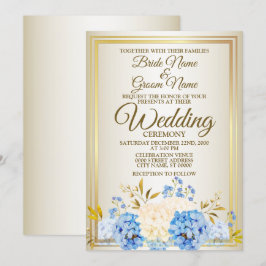 Bröllop Golden Blue Gult Blommigt Ram Rustic Inbjudningar