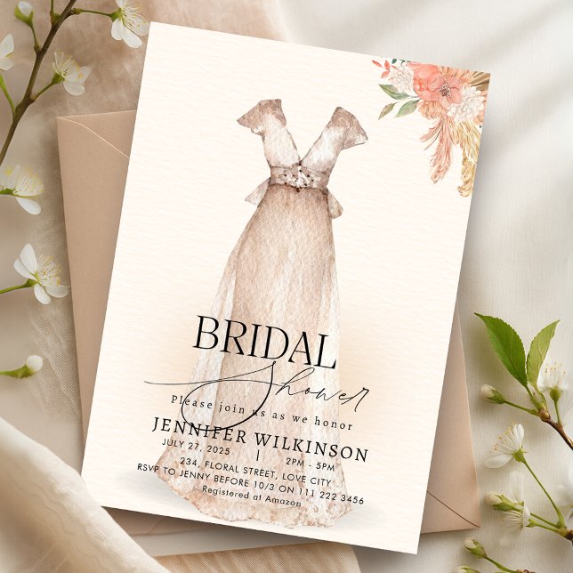 Bröllop Gown Dress Fall Blommigt Möhippa Inbjudningar (Wedding Gown Dress Fall Floral Bridal Shower Invitation)