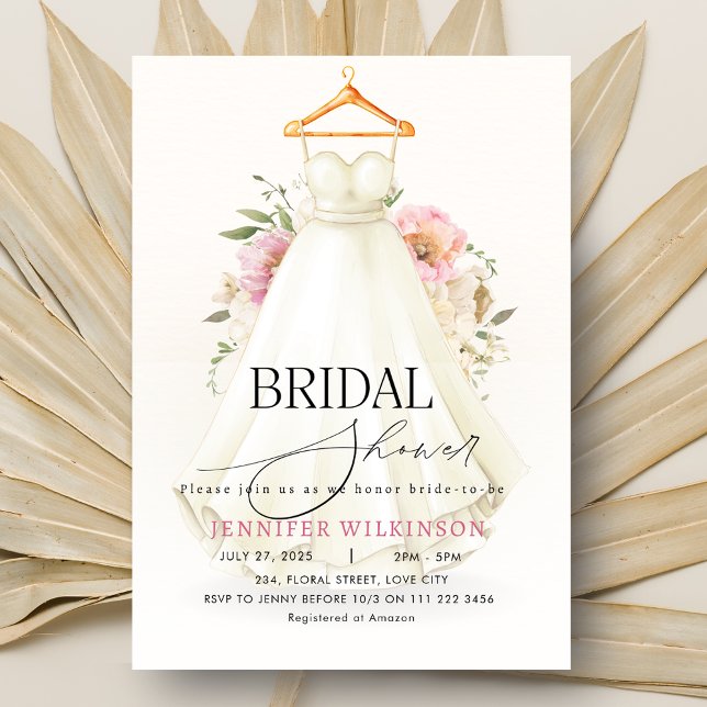 Bröllop Gown Dress Rosa Blommigt Möhippa  Inbjudningar (Wedding Gown Dress Pink Floral Bridal Shower Invitation)