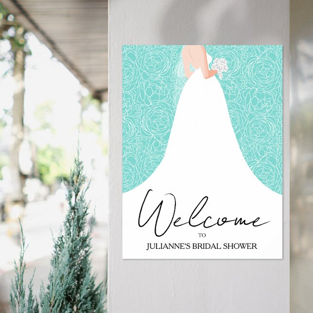 Bröllop Gown Möhippa Turcos Välkommen Poster (Bride in wedding gown on floral over turquoise bridal shower welcome poster, INSTANT DOWNLOAD, too)