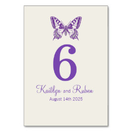 Bröllop grafiskt fjärilar namn datum lila bordsnummer