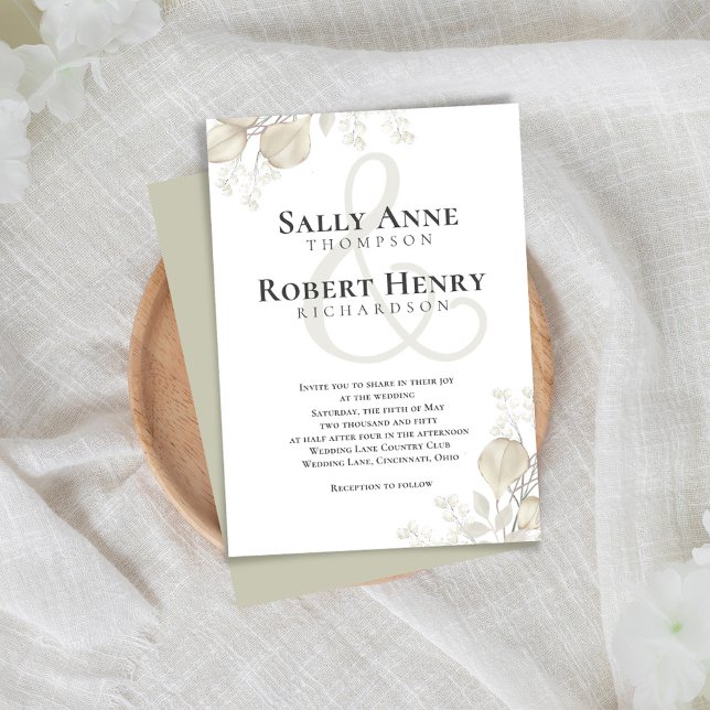 Bröllop Greenery Calligraphy Script Ampersand Inbjudningar (Simple and elegant sage green and cream foliage wedding invitation.)
