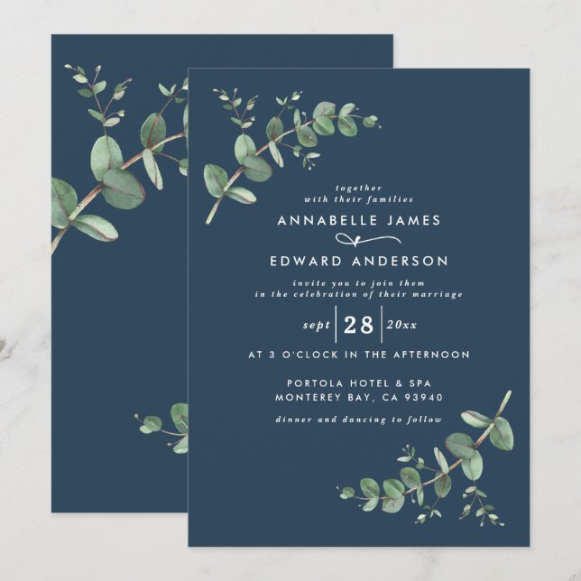 Bröllop greenery Eucalyptus botaniska moderna blåt Inbjudningar (Fram/baksida)