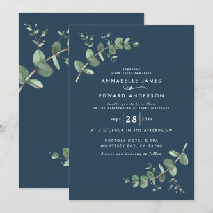 Bröllop greenery Eucalyptus botaniska moderna blåt Inbjudningar