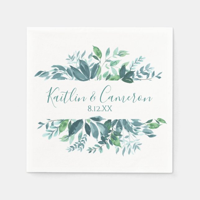Bröllop Greenery Napkins | Typografi (blått) Pappersservett (Framsidan)
