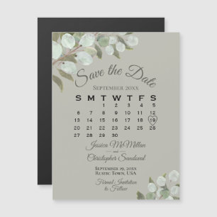 Bröllop Greenery Save Date Calendar Olive Sage Magnetisk Inbjudningskort