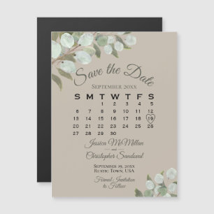 Bröllop Greenery sparar datumkalender Tan Taupe Magnetisk Inbjudningskort