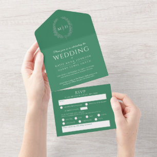 Bröllop grön vit silver ovala blad monogram