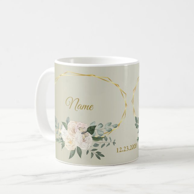 Bröllop Grönska Blad Rosa Blommig Guld Geometrisk Kaffemugg (Framsida vänster)