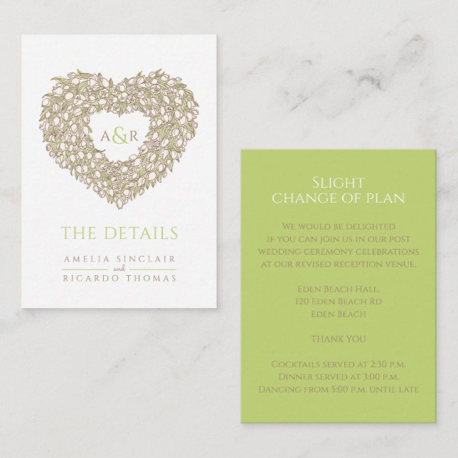 Bröllop: grönt brun av tulpanbouquet monogram tilläggskort (Fram/baksida)