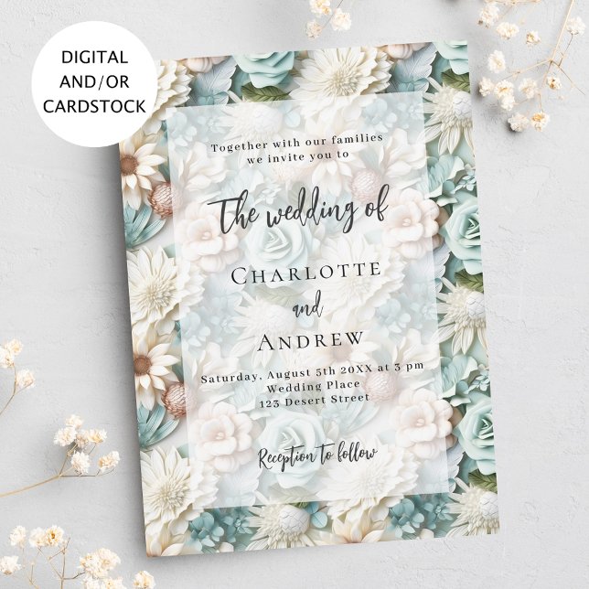 Bröllop-grönt, vit blommigt elegant inbjudningar (Skapare uppladdad)
