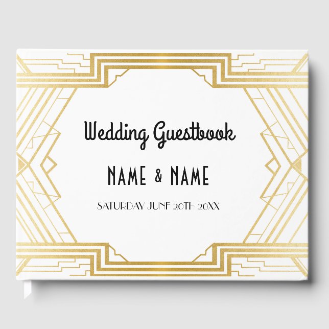 Bröllop Guest Bok Gatsby Art Deco 1920's Guld (Framsida)