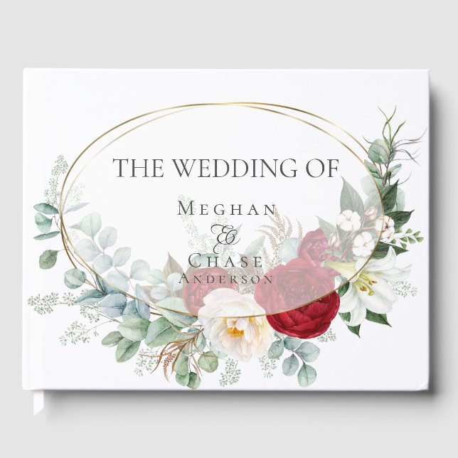 Bröllop Guest Bok | Ivory Burgundy Peony Blommigt (Framsida)