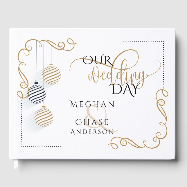 Bröllop Guest Bok | Modern Black och Guld Baubles (Framsida)