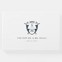 Bröllop Guest Bok Monogram Vapensköld Navy Blue