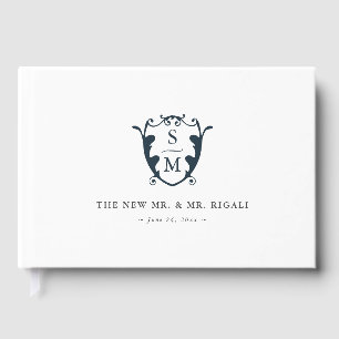 Bröllop Guest Bok Monogram Vapensköld Navy Blue