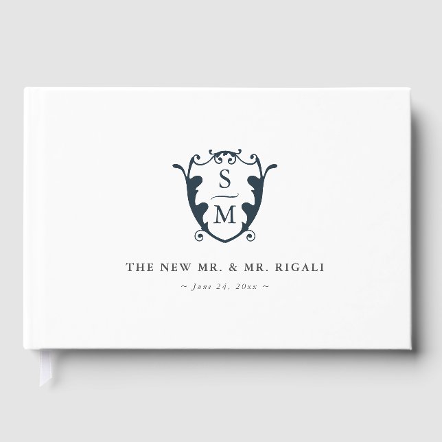 Bröllop Guest Bok Monogram Vapensköld Navy Blue (Framsida)