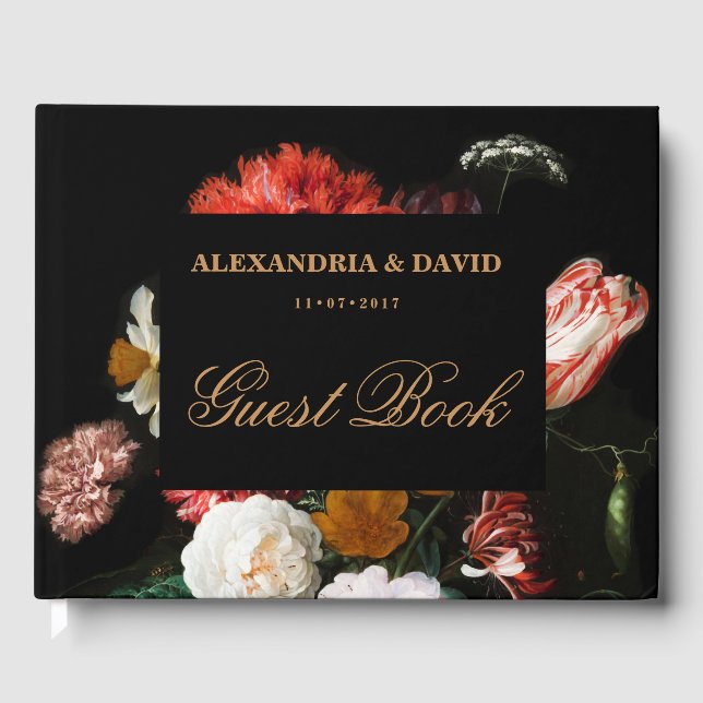Bröllop Guest Bok Mörk Black Red Blommigt (Framsida)