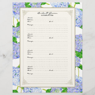 Bröllop Guest Bok Page Blue Hydrangea Snöre Blommi Reklamblad