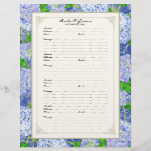 Bröllop Guest Bok Page Blue Hydrangea Snöre Blommi Reklamblad