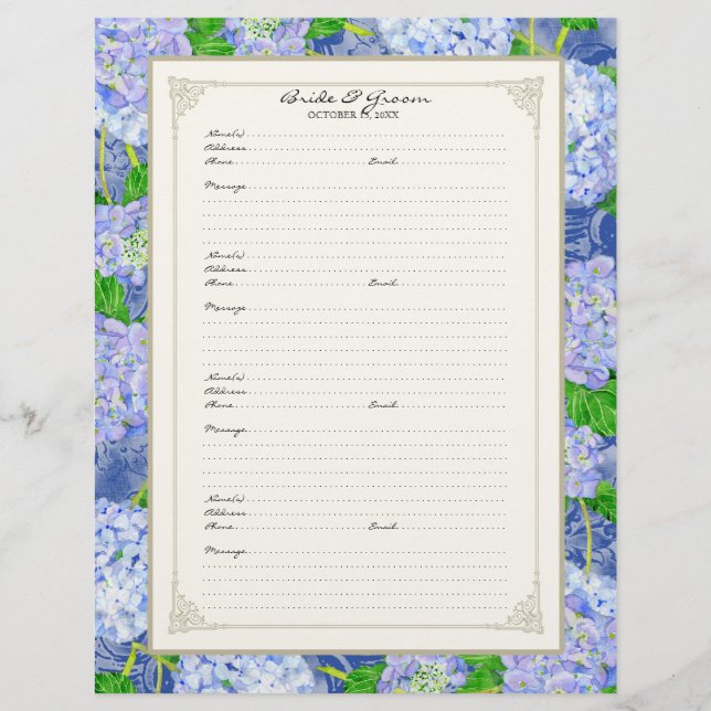 Bröllop Guest Bok Page Blue Hydrangea Snöre Blommi Reklamblad (Framsidan)