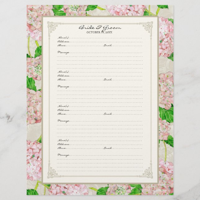 Bröllop Guest Bok Page Rosa Hydrangea Snöre Blommi Reklamblad (Framsidan)
