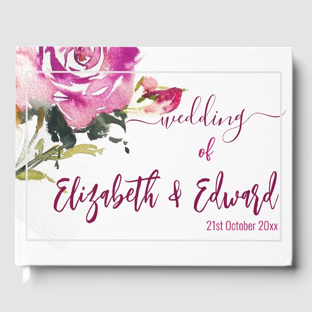 Bröllop Guest Bok - Rosa ros Watercolor Silver (Framsida)