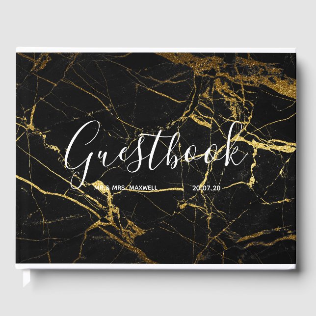 Bröllop Guestbook | Black Marble Guld Chic Gästböcker (Framsida)