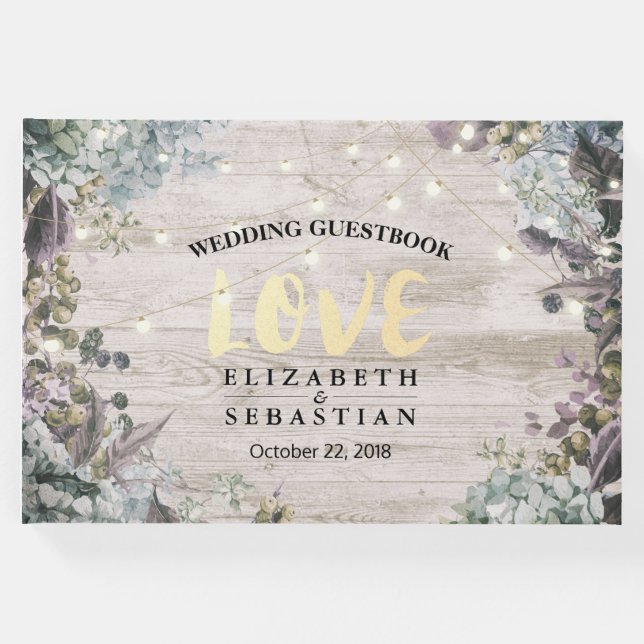 Bröllop Guestbook Blommigt String Ljus Rustic Wood Gästböcker (Framsida)