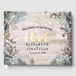 Bröllop Guestbook Blommigt String Ljus Rustic Wood Gästböcker