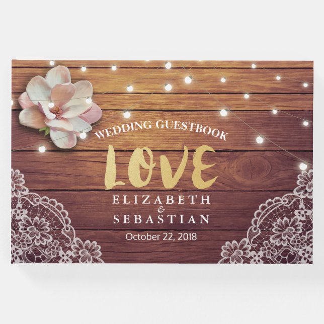 Bröllop Guestbook Blommigt String Ljus Wood Snöre Gästböcker (Framsida)