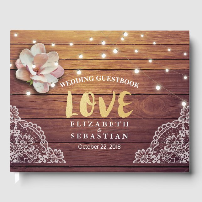 Bröllop Guestbook Blommigt String Ljus Wood Snöre Gästböcker (Framsida)