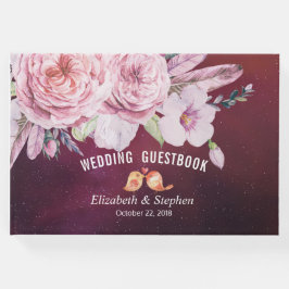 Bröllop Guestbook Boho Blommigt Feather Burgundy R Gästböcker